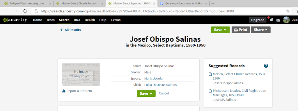 Example FamilySearch Josef Obispo Salinas Record