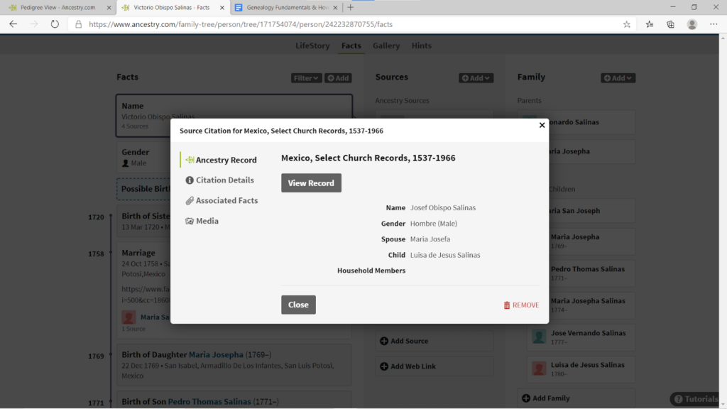 Example AncestryDNA Josef Obispo Salinas Record