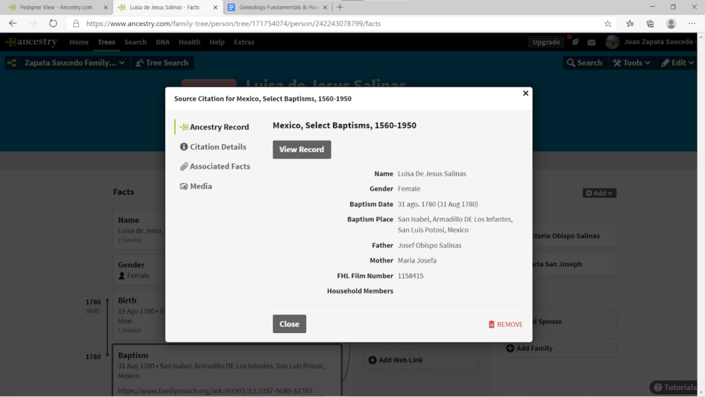 Example AncestryDNA Luisa de Jesus Salinas Record