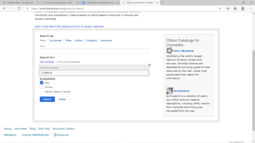 Example FamilySearch Catalog Film Search 2
