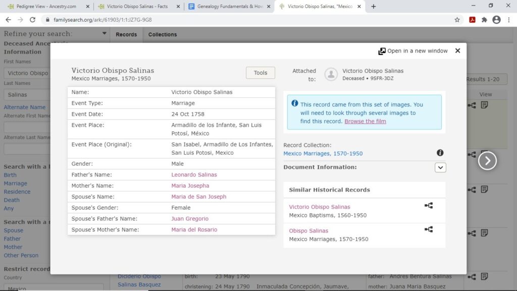 Example FamilySearch Victorio Obispo Salinas