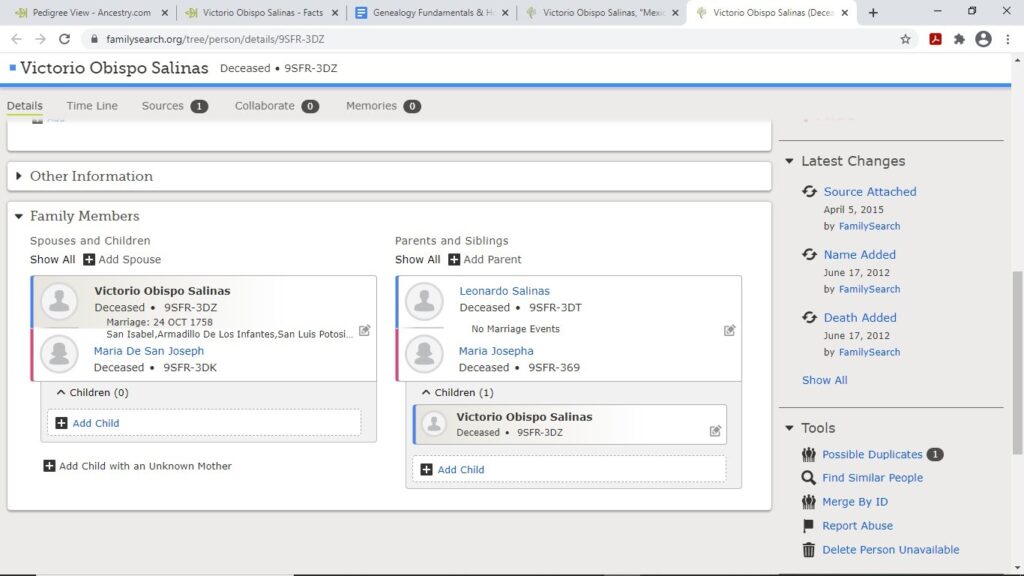 Example FamilySearch Leonardo Salinas Reference